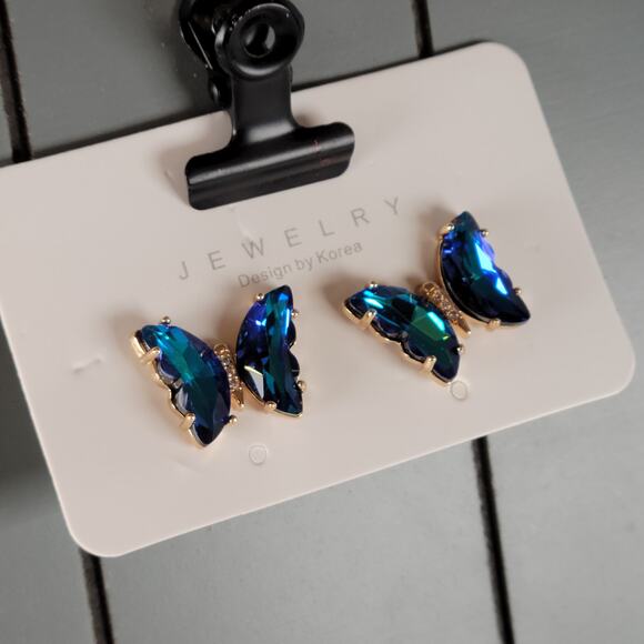 Blue Green Crystal Butterfly Stud Earrings Set of Korea Design, Gift Bag - Picture 4 of 14
